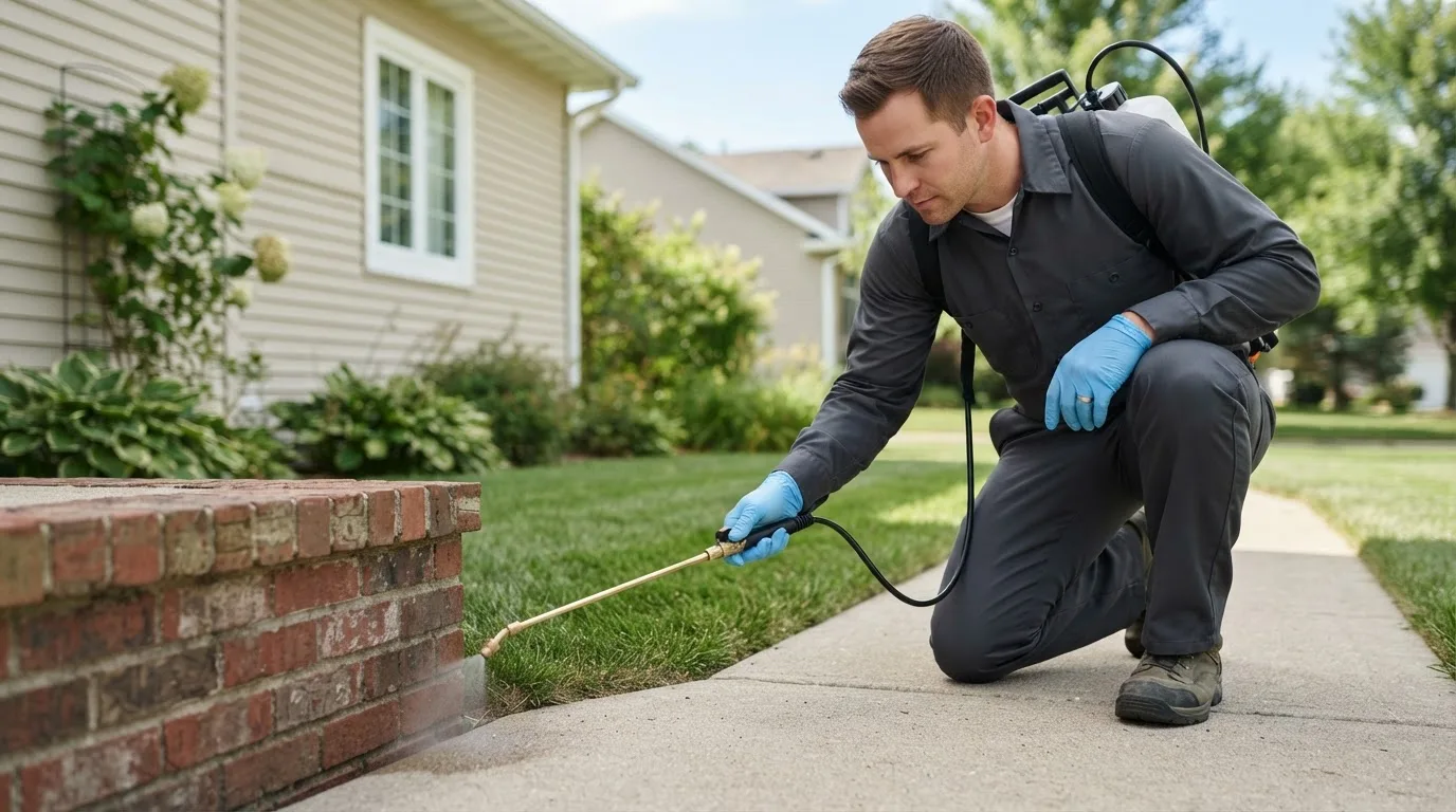Pest control technician treating a home near West Linn, OR